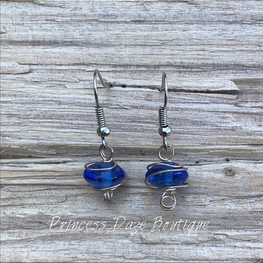 Blue Vintage Wire Wrapped Dangle Earrings